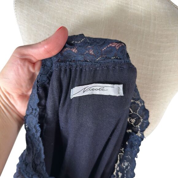 Nicole Italy Navy Blue Silk Floral Embroidered Lace Trim Pull On Skirt - Picture 8 of 8